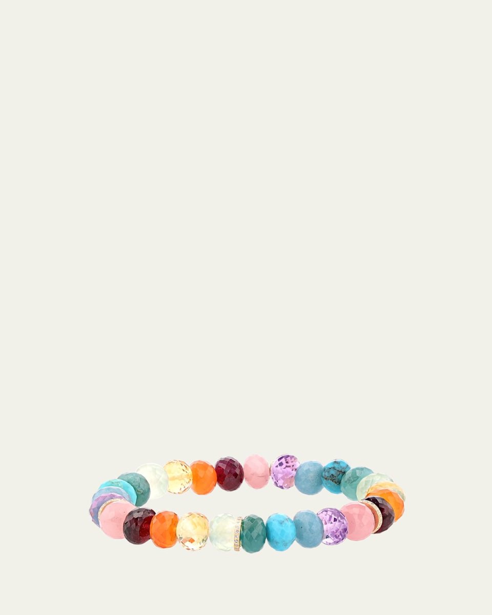 14K Yellow Gold 10mm Multi Rainbow Beaded Bracelet with 3 Pave Diamond Rondelle